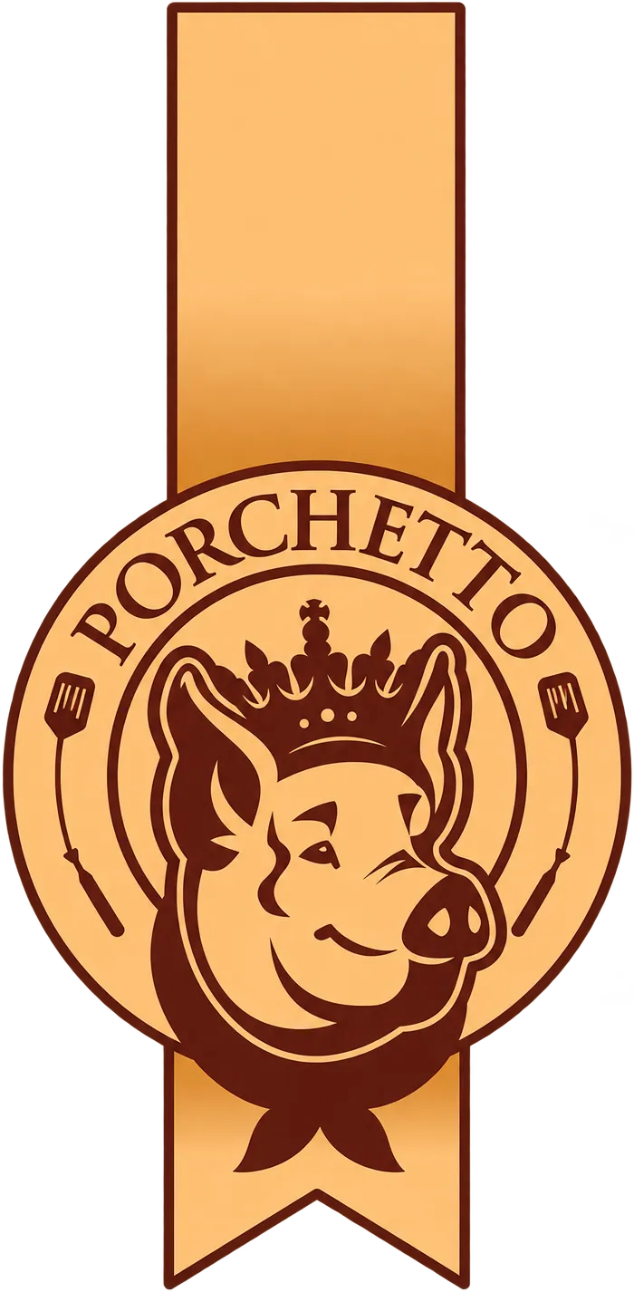 Logo da Porchetto: porco coroado em selo circular com fita e duas espátulas